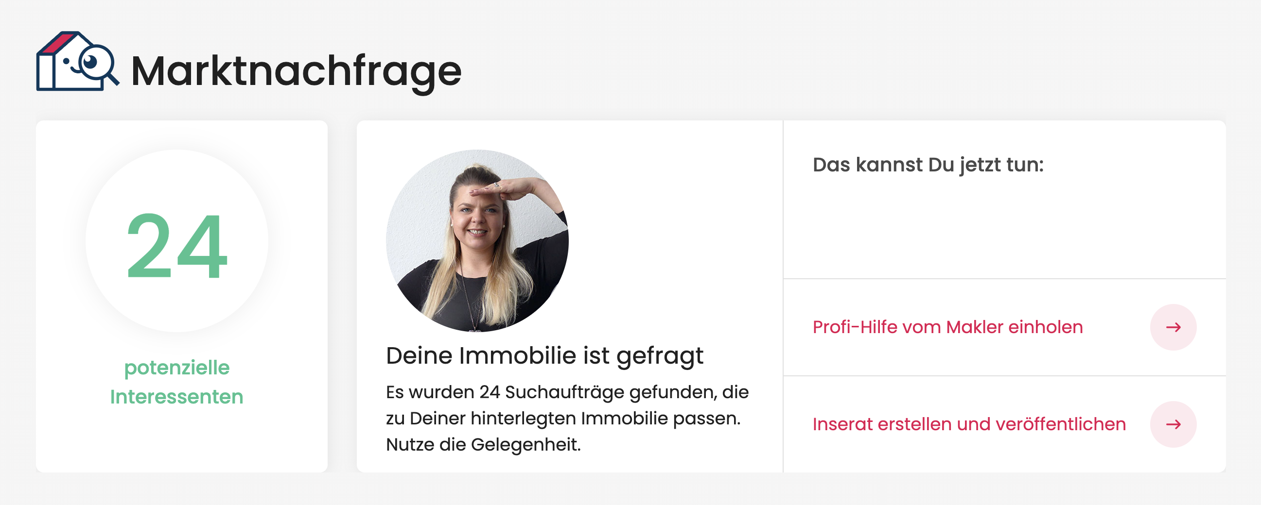 Screenshot aus dem Dashboard-Bereich „Marktnachfrage“ mit Anzahl potenzieller Interessenten, Hinweisen zur Nachfrage und Handlungsoptionen für die Immobilienvermarktung.