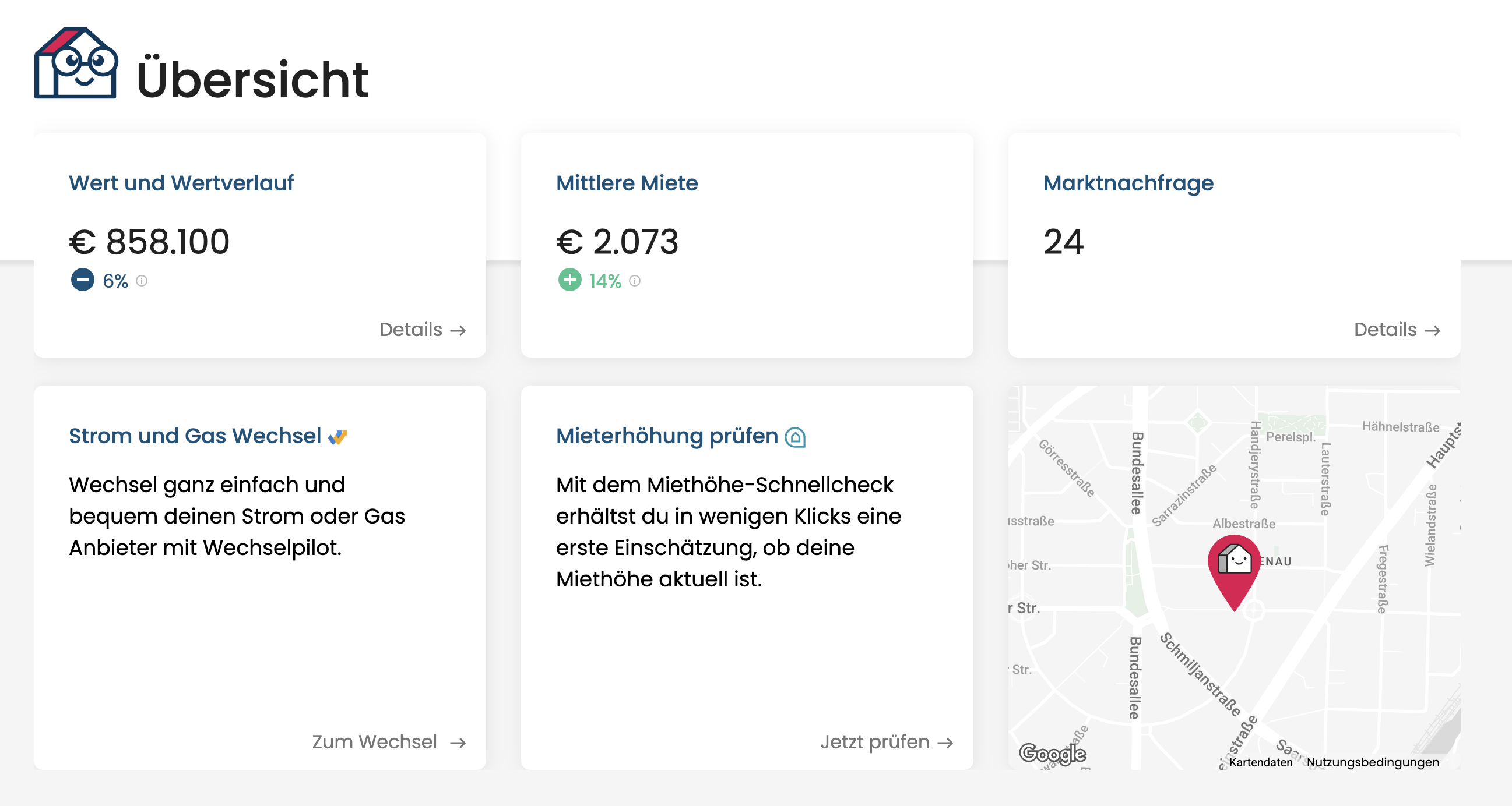 Screenshot aus dem Dashboard-Bereich „Übersicht“ mit Objektwert, mittlerer Miete, Marktnachfrage sowie Kacheln zu Zusatzservices und einer kleinen Kartenansicht.